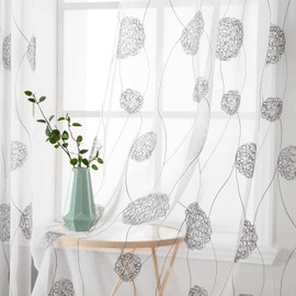 MIULEE Curtains with Floral Embroidery, Curtains White with Grey Pattern for Living Room, Bedroom Curtain Transparent with Eyelets, Set of 2 Voile Flowers Transparent Curtains, Each H 300 x W 140 cm