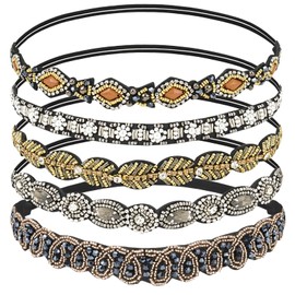 AMCAMI 5 Pieces Rhinestone Beaded Women Headbands Fancy Elastic Head Bands Handmade Jeweled Crystal Beaded Hairbands for Lady Woman Girls Hair Accessories for Women Girls Ladies