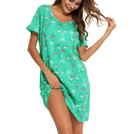 ENJOYNIGHT Womens Nightgowns Cotton Sleepwear Plus Size Sleep Shirts Short Sleeves Nightshirt Print Sleepshirt (X-Large, Flamingo)