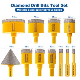 HIGHDRIL Diamond Hole Saw Kit - (6/8/10/20/25/28/32/35/45/65mm+50mm Chamfer) Diamond Core Drill Bit Set with Hollow EVA Guide Jig for Porcelain Ceramic Granite Marble Hard Materials