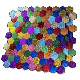 XUANINY 11-Sheet Peel and Stick Backsplash Tiles, Rainbow Triangle Aluminum Surface Metal Mosaic, Rainbow-Colored Wall Sticker for Living Room, RV，Bar (11.81"x11.81") (11, Hexagon Rainbow Colored)