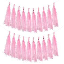 MECCANIXITY 20Pcs Tassel Garland Banner Tissue Paper for Streamers Party Decorations, Valentine's Day Birthday Decor for Women with Rope and Tie Wire (Pink, 14.6Inch)