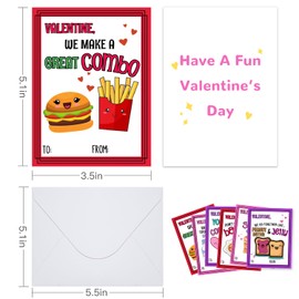 Ungirds 30 Pack Valentines Day Cards for Kids - 6 Adorable Food-Themed Designs Cute Valentines Cards with 30 White Envelopes for Boys Girls Classroom School Exchange (Valentines Day Cards)