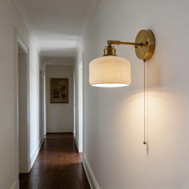 DWEIHDV Pull Chain Wall Sconce Ceramic Wall Light Fixture Vintage Wall Sconces with Pull Chain Switch Brushed Gold Brass Wall Lights Fixtures Retro White Striped Ceramic Sconce for Kitchen Sink