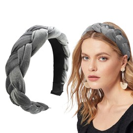 Braided Hair Band, Velvet Braided Headband, Women Wide Vintage Padded Headband for Women and Girls Jogging Headband Women (Grey, One Size)