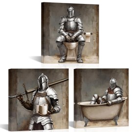 WELMECO Boys Bathroom Decor Medieval Soldiers Painting Bathroom Pictures Framed Bathroom Wall Art,12inchx12inchx3Pieces (Silver)