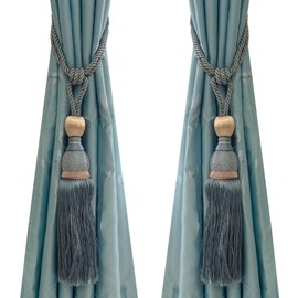 Selling Wonderful Curtain Holdbacks Curtains Tiebacks Home Decorative Braided Buckle Fastener Accessories Window Drapery Ball Tassels Tiebacks, Set of 2(Gray Blue)