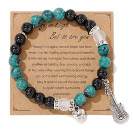 QRH Natural Stone Guitar Love Heart Bracelet Y2K Music Guitar Strech Stone Bracelet Inspirational Gifts with Message Card-Green