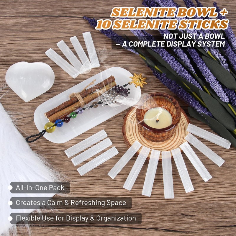 5.7'' Selenite Crystal Bowl with 15 Pcs Selenite Sticks, Charging