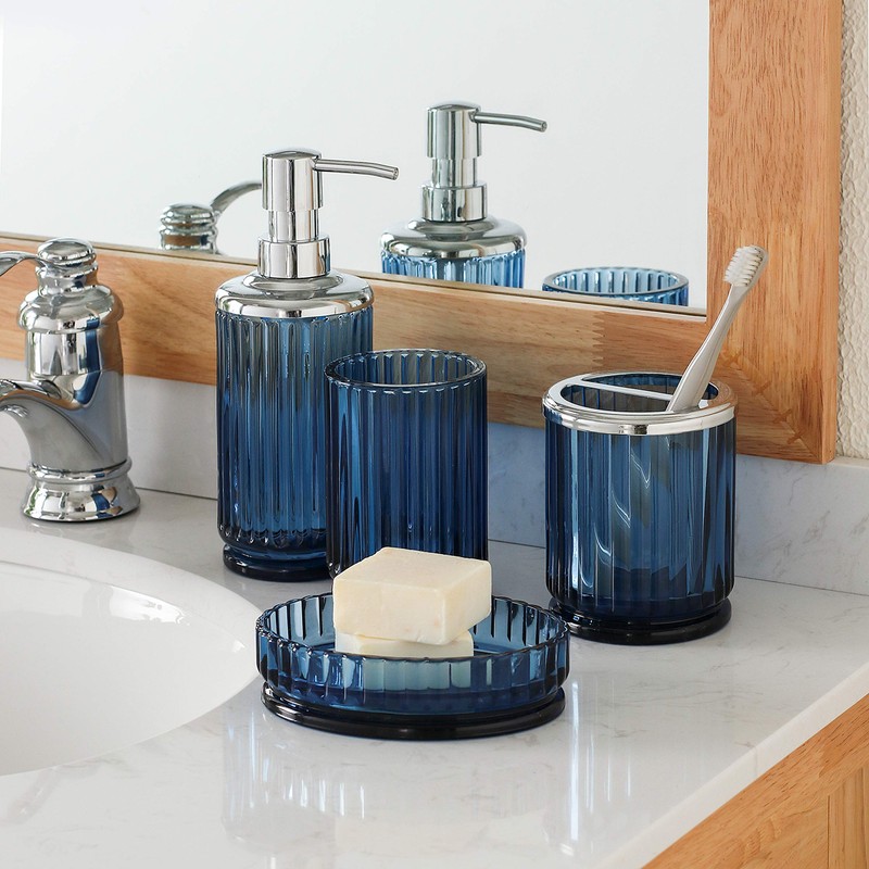 4PCs Heavy Weight Decent Blue Glass Bathroom Accessories Set with