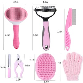 7 PCS Dog Grooming Kits,Pet Shedding Brush，Pet Self-Cleaning Brush with Pet Nail Clipper, Flea Comb and Shampoo Bath Brush