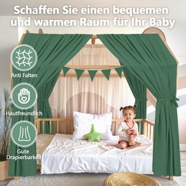 Alishomtll House Bed Canopy Decoration Set, 2 Bed Canopy, House Bed Made of 100% Cotton Muslin, 1 Bunting 300 cm, Children's Bed Canopy Fabric Canopy for Girls Boys Children's Room, 67 x 270 cm, Green