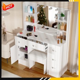 Yamissi Vanity Makeup Table with 10 LED Mirror Vanity Makeup Table Set Crystal Handles