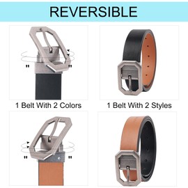 Ssumday Womens Girl Female Ladies Reversible Faux Leather Black Brown Belts for Jeans Pants with Vintage Silver Buckle and Plus Size(0-L)