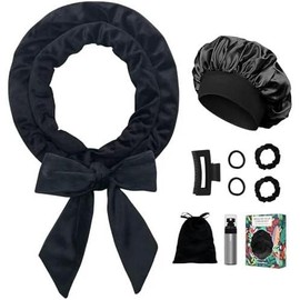 No Heat Overnight Curl Headband, 70" Soft Ribbon Curl Wrap for Long Hair - 9 count Rods Set with Bonnet, Pink - Color: Black+Bonnet