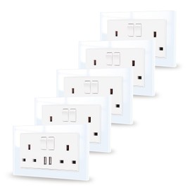 JIMEIDA Double Switched Power Socket White 5 Pack with USB A Charging Ports Crystal Glass Panel Wall Outlet 13 Amp Electric Socket