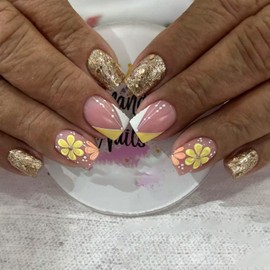 3d Press on Nails Short Square Fake Nails Gold Glitter with Flower designs Stick on Nails Full Cover V French Tip Press ones False Nails Embossed Acrylic Nails Gel Glue on Nails for Women