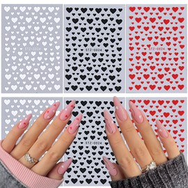 Valentines Day Heart Nail Art Stickers Decals 3D Self-Adhesive Love Hearts Black Red White Pegatinas Uñas Valentine Nail Supplies Nail Art Manicure Design Decoration DIY Accessories 6 Sheets