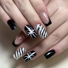 French Tip Press on Nails Black Fake Nails with Bow Rhinestones Designs Black White Curve Line False Nails Glossy Full Cover Acrylic Nails Medium Square Christmas Nails for Women Girls 24Pcs