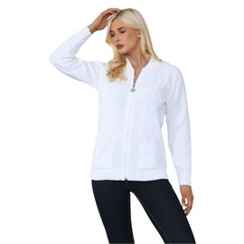 janisramone® Zip-up Cardigans for Women UK, Full Sleeves Solid Color Ladies Cardigan, Knitted Womens Zip up Cardigan, Ladies Cardigans with Pockets for Winters White