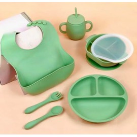 BPA-Free Premium Silicone Bowl and Plate Set, Non-Toxic Eco-Friendly Baby Feeding Set with Strong Suction (Green)