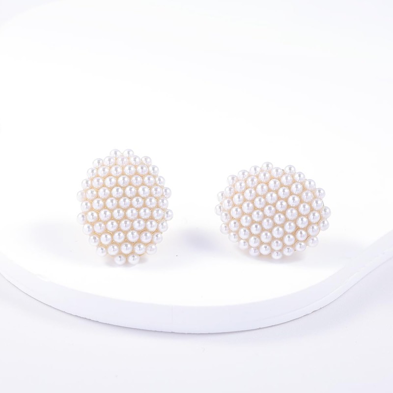 YOQUCOL Oval Shaped Simulated Pearl Golden Big Stud Earrings for