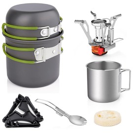 Camping Cookware Set with Folding Camping Stove Lightweight Pot Pan Set with Stainless Steel Cup & Fork Spoon for Outdoors Cooking Camping Hiking Picnic Backpacking
