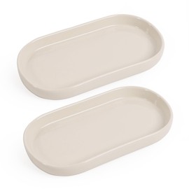 INGOFIN 7" Ceramic Bathroom Vanity Tray Set- 2 Pcs Bathroom Organizer Countertop Tray for Perfume, Jewelry, Small Kitchen Counter Soap Tray, Decorative for Bathroom Vanity and Toilet Tank, Beige