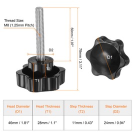 HARFINGTON 2pcs Star Knobs M8 x 50mm 304 Stainless Steel Threaded Stud 46mm Plastic 6-Star Head Hand Tightening Thumb Screw Clamping Jig Knob Handle, Black