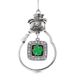 Inspired Silver - Four Leaf Clover Charm Ornament - Silver Square Charm Snowman Ornament with Cubic Zirconia Jewelry
