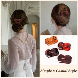 CURASA Flat Hair Clips for Women, 4PCS Heart Shape Leopard Strong Hold Flat Claw Clips for Thick & Thin Hair, Lay Down Hair Claw Clips Hair Accessories for Women & Girls