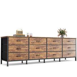 Huuger 70 Inch Dresser for Bedroom, TV Stand for 65, 75, 80 Inch TV, 12 Fabric Drawer Long Dresser, Large Entertainment Center for Bedroom, Wide Chest of Drawer with Storage, Rustic Brown