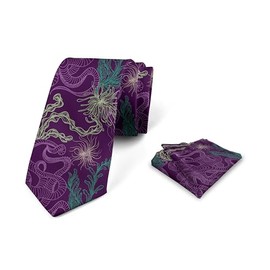 Ambesonne Octopus Men's Tie Set, Art Animal Pattern Jellyfish Marine Plants and Seaweed, Necktie Set Groom Handkerchief for Parties Weddings & All Occasions, Dark Purple Pale Green