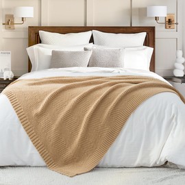 LONG CREATE Throw Blanket for Couch, Tan Brown Knitted Throws Super Soft 50"x60", Textured Chevron Knit Blanket for Bed, Sofa Room Decorative Farmhouse Shabby Chic Boho Cozy Chair Home Decor