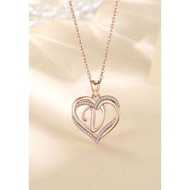 INFUSEU Name Necklace, Heart Pendant Necklace, Letter A-Z, Alphabet Jewellery, Double Heart Initial Chains, Cubic Zirconia CZ for Women, Romantic Gifts for Girlfriend, 20 Inch Chain, Copper, Cubic