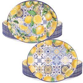 CIEOVO 50 PCS Capri Lemon Party Tableware Paper Plates Large Oval Yellow Blue Disposable Dinner Dessert Plates for Capri Mediterranean Positano Wedding Blue Tiles Lemon Summer Birthday Party Supplies