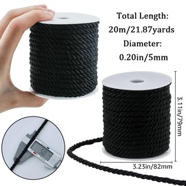 GORGECRAFT 20m*5mm Twisting Cord Trim Polyester Twist Rope Silk Twine Decorative Braided Cording Thread String Ribbon for Home Decor Curtain Tieback Upholstery Honor Cord Sewing Crafting Black