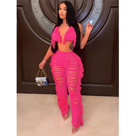 KANSOON Crochet Swim Cover Up Two Piece Bathing Suit Fringe Knitted Haler Bandage Bikinis and Pants Outfits Rose M