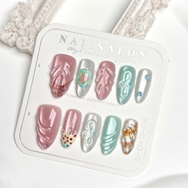 BQZQPAMZ 10pcs Flower Medium Length Fake Nails, Glossy Floral French Press On Nails Almond Shape, Full Coverage Acrylic Nails With Glue for Women Spring Blue Pink White Flower Nail Art Supplies