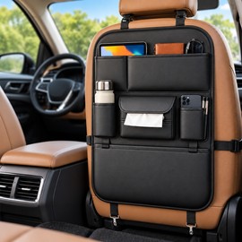 Car Seat Back Organizer for Rear Seat Storage – Black Leather Tissue Holder with Multi-Pocket Design and Adjustable Straps for Travel