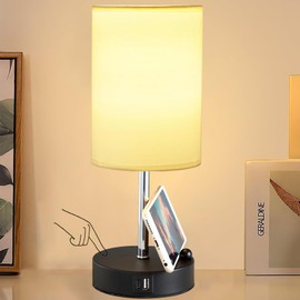 Briever Touch Control Table Lamp for Bedroom, 3-Way Dimmable Nightstand Lamp with USB USB A+C Charging Ports, Bedside Desk Lamp with Phone Stand & Linen Fabric Shade for Livingroom, Bulb Included