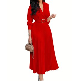 Trendy Women Spring Dresses Lady Elegant Long Sleeve V-Neck Pleated Dress Office A-Line Dresses with BeltColor: Yellow, Size: L