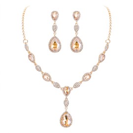 Clearine Women's Jewellery Set Wedding Bridal Cubic Zirconia Teardrop Y Necklace and Earrings Jewellery Set for Women, Brass, Cubic Zirconia