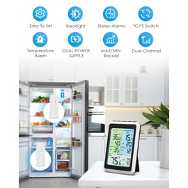 Brifit Digital Fridge Freezer Thermometer with 2 Wireless Sensors, Backlit Display Refrigerator Thermometer with MAX&MIN Records, Temperature Alarm, Arrow Trend, Fridge Temperature Gauge for Room