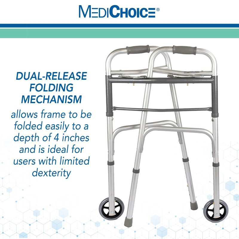 MediChoice Dual-Release Two Button/Folding Walker, Height Adjustable with 5 Inch