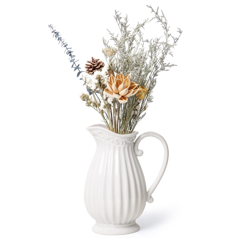 D'vine Dev 10 Inch White Ceramic Pitcher Vase for Home
