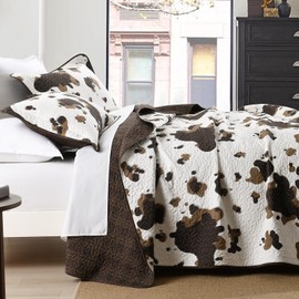 PANGUSHAN 100% Cotton Quilt King Size, Cow Print King Bedspread, King Size Lightweight Comforter, Reversible Western Bedding Set, Rustic Farmhouse Quilt with Pillow Shams, 3 Piece, Brown