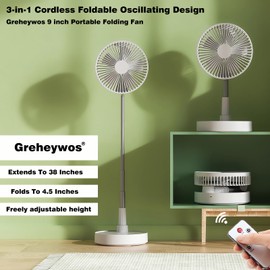 Greheywos 9" Foldable Rechargeable Oscillating Fan 7200mAh Battery Operated Small Fan with Remote, Quiet Table Standing Pedestal Fans for Bedroom Office Camping Travel (White)