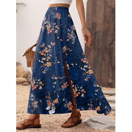 Zeagoo Skirt Women's Elegant Printed Summer Skirt Boho Beach Skirt Loose Fit High Waist Maxi Skirt A Line Soft Long Skirt with Slit, Navy Blue Floral Pattern