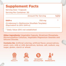 Bioactive SAM-e 750mg - High Strength SAM-e Supplement with Biologically Active S,S Form for Joint Liver and Mood Support - Vegan Non-GMO Preservative Free - Made in The US (30 Capsules)